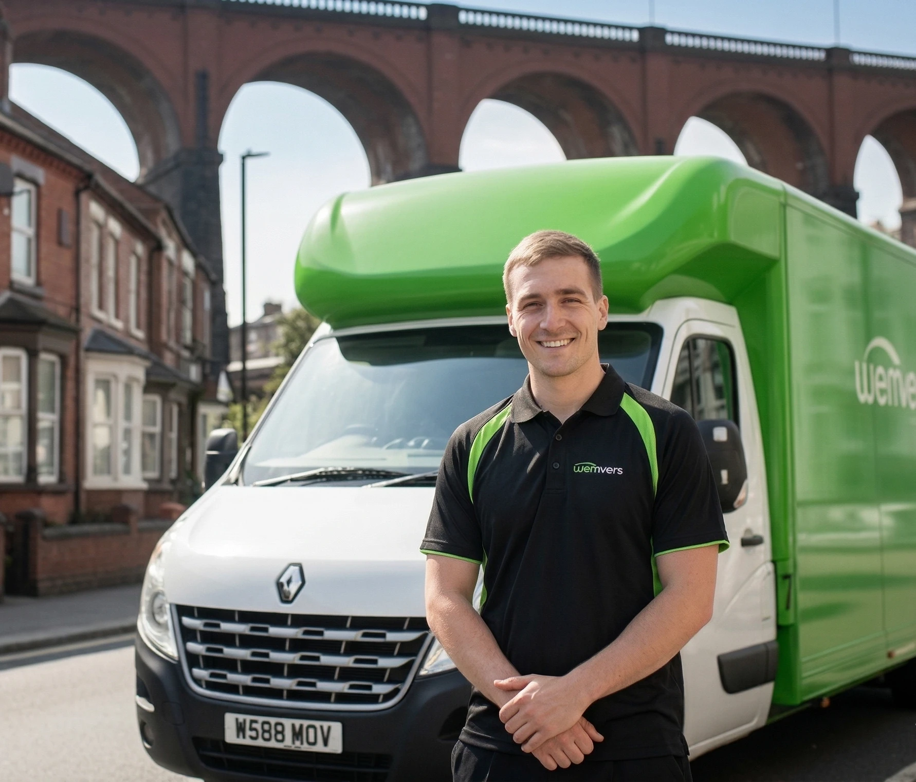 A clearance worker standing beside a green and white van
