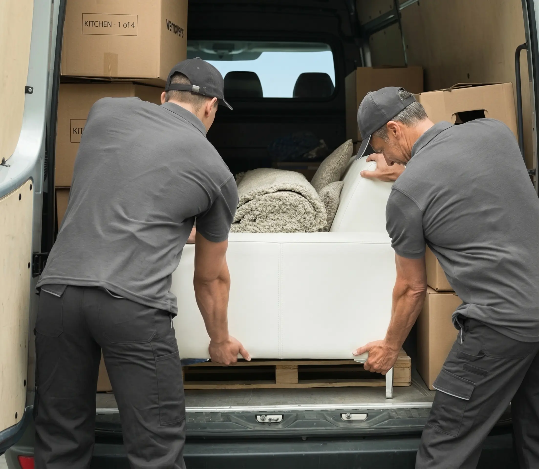 A sofa secured inside a van