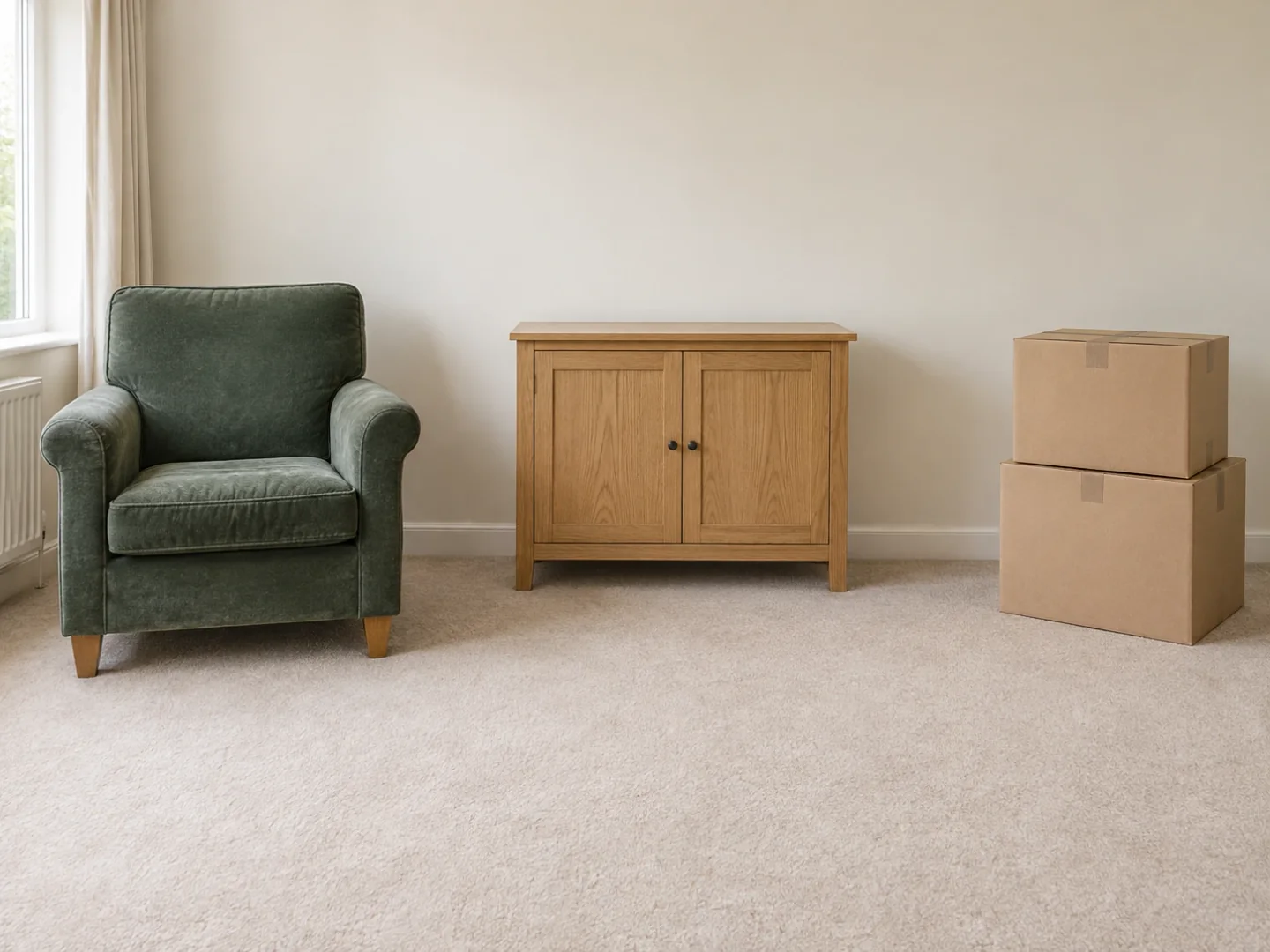A green armchair, wooden cabinet and two closed boxes in a quiet room