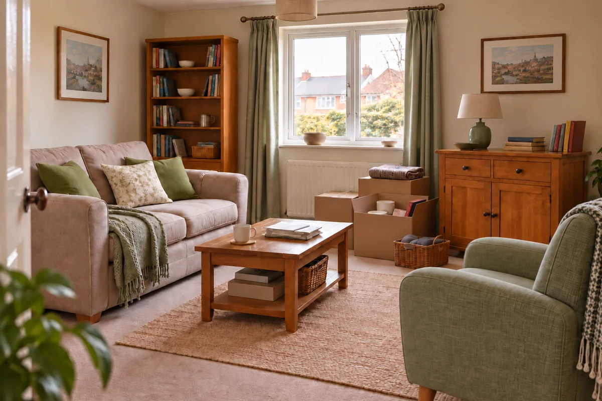 A living room with sofas, a wooden cabinet and boxes of household belongings