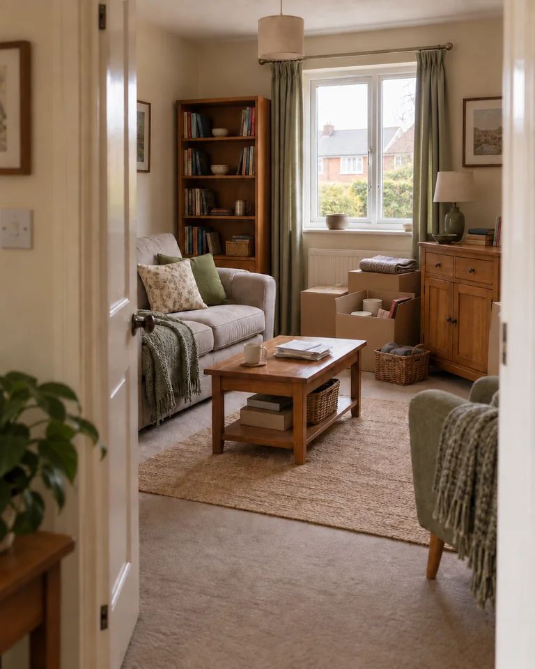 Illustrative living room viewed through a doorway, with furniture, books and household belongings.