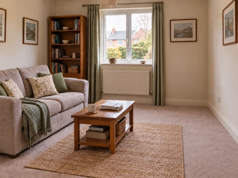 Illustrative room with selected furniture removed and a sofa, bookcase and coffee table remaining