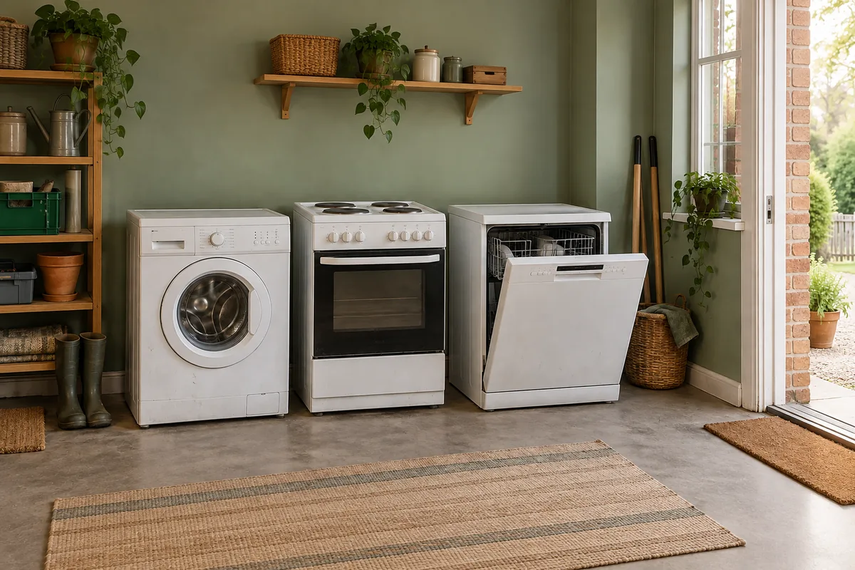 A washing machine, electric cooker and open dishwasher in a utility room