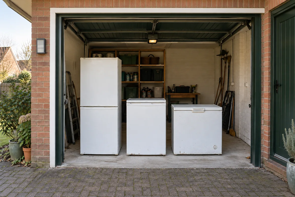 A tall fridge freezer, compact fridge and chest freezer in a garage