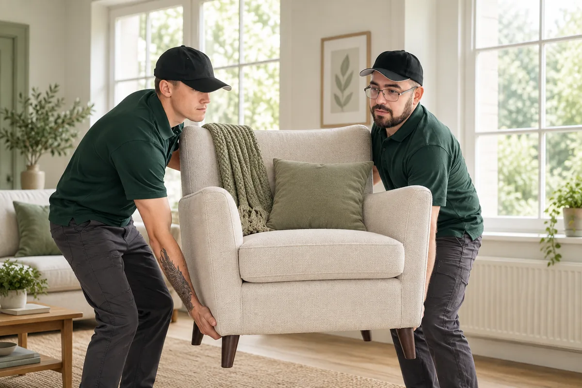 Illustrative scene of two people carrying an armchair inside a home