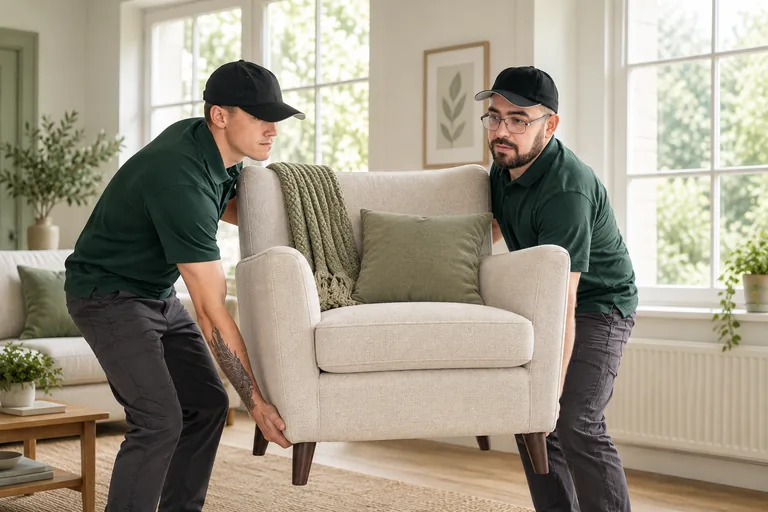 Two WeMovers team members carrying an armchair in a living room