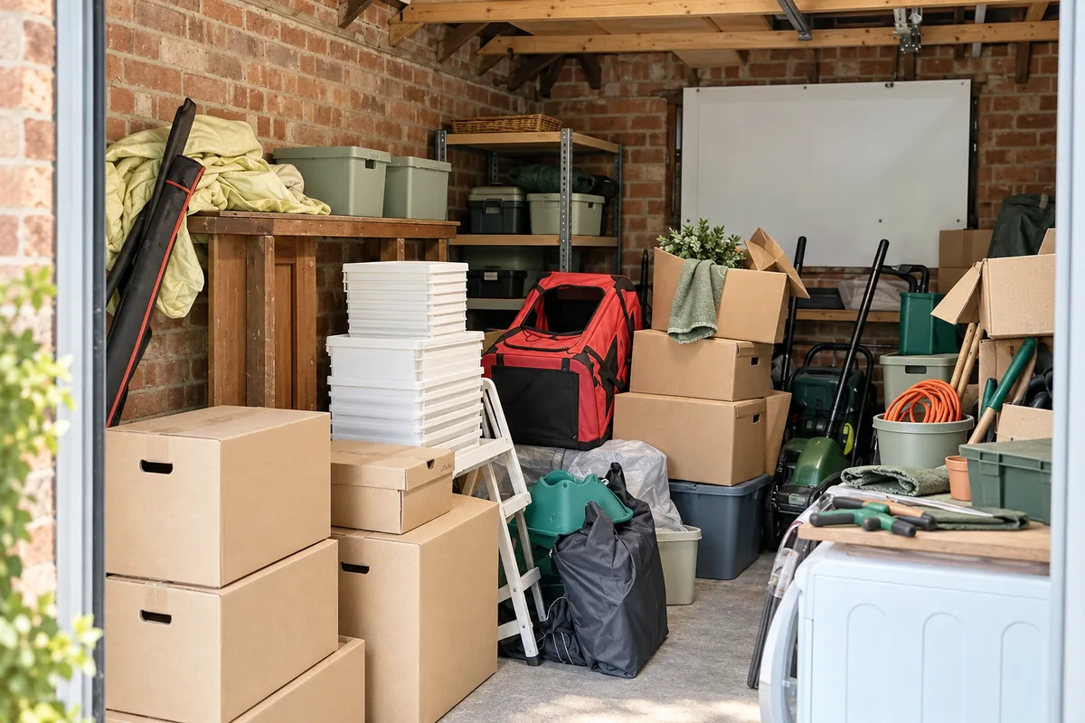A garage containing boxes, tools, garden equipment and household belongings