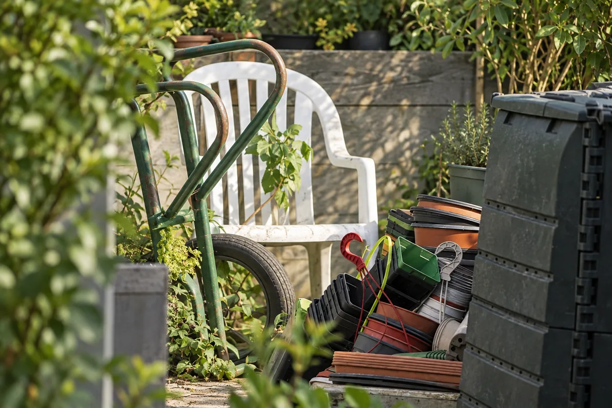 Illustrative garden with unwanted furniture, pots and equipment