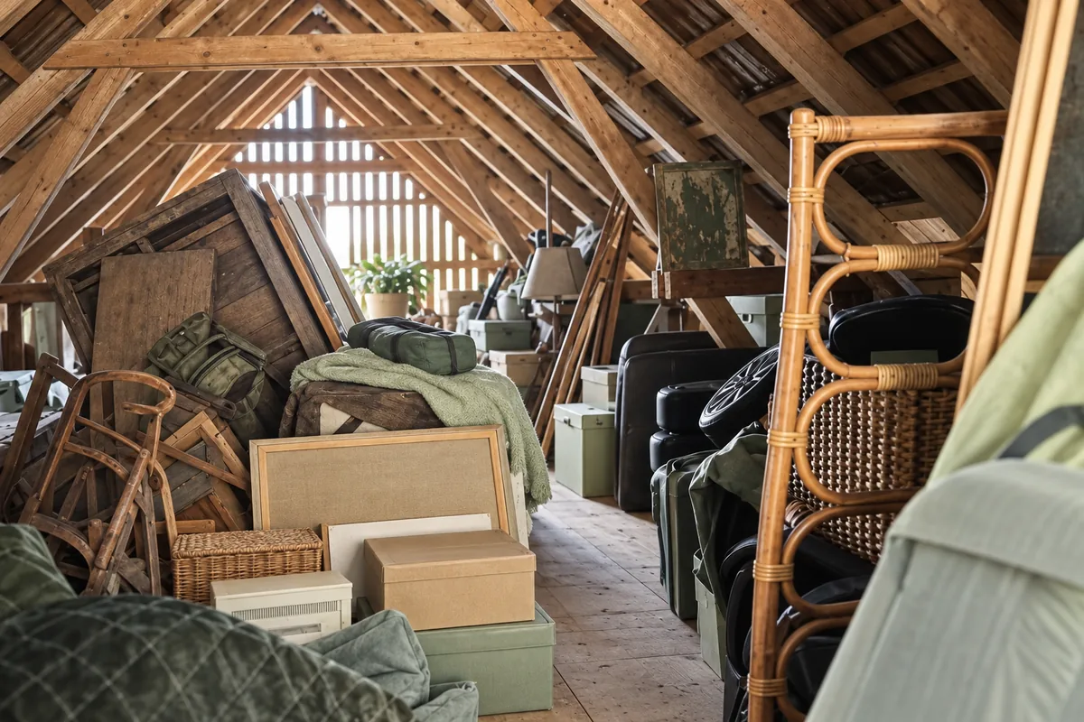 Illustrative loft with stored furniture, boxes and household belongings
