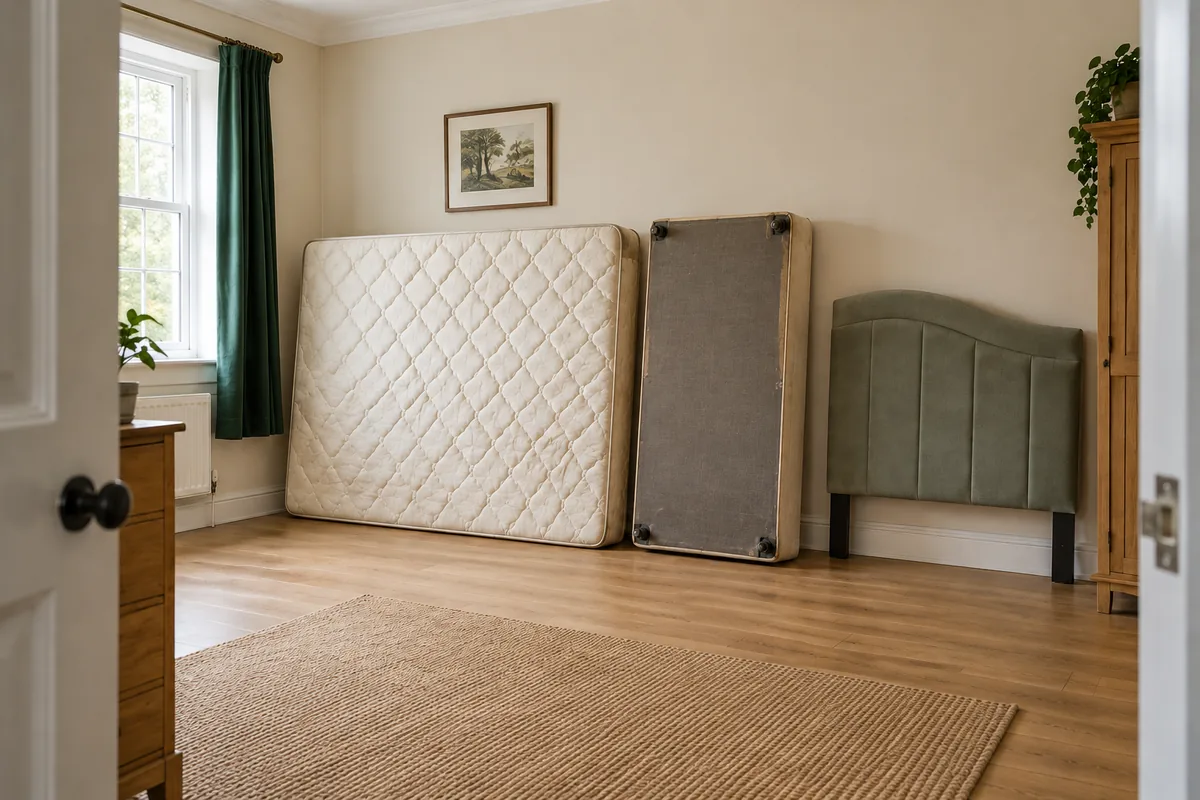Illustrative mattress, bed base and headboard ready for collection
