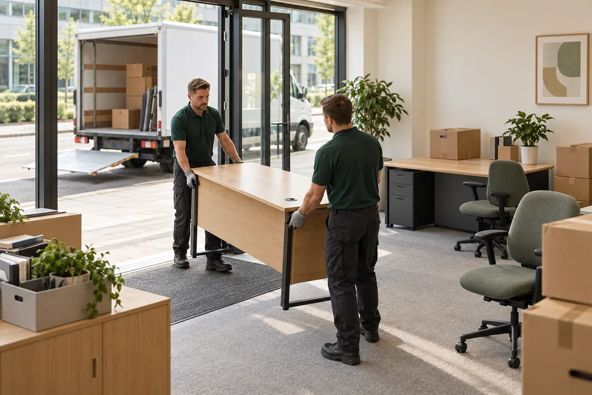 Illustrative scene of two movers carrying an office desk