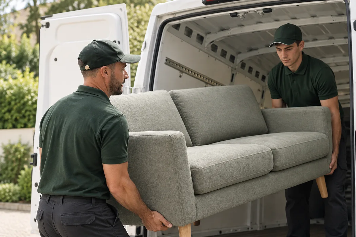 Two people handling a sofa beside a van