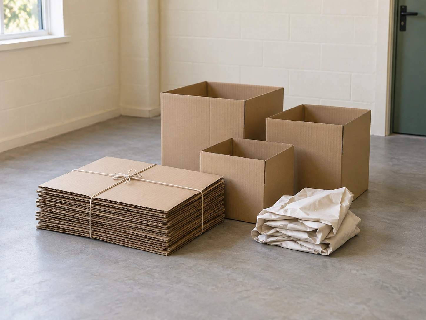 Illustrative cardboard boxes, flattened card and packing paper ready for collection
