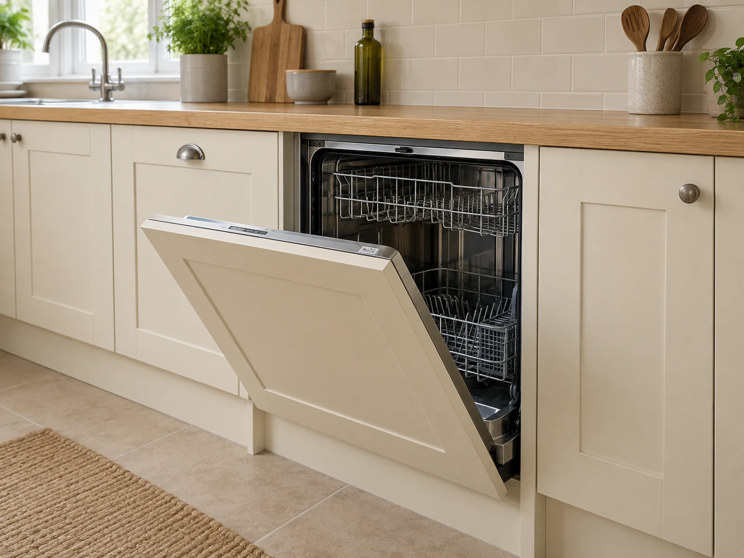 Illustrative fitted dishwasher with its door open in a kitchen