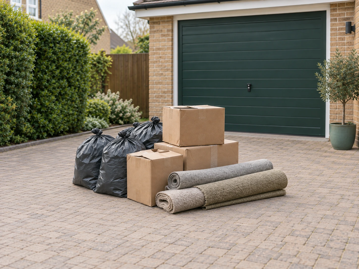 Illustrative mixed pile of household bags, boxes and rolled carpet