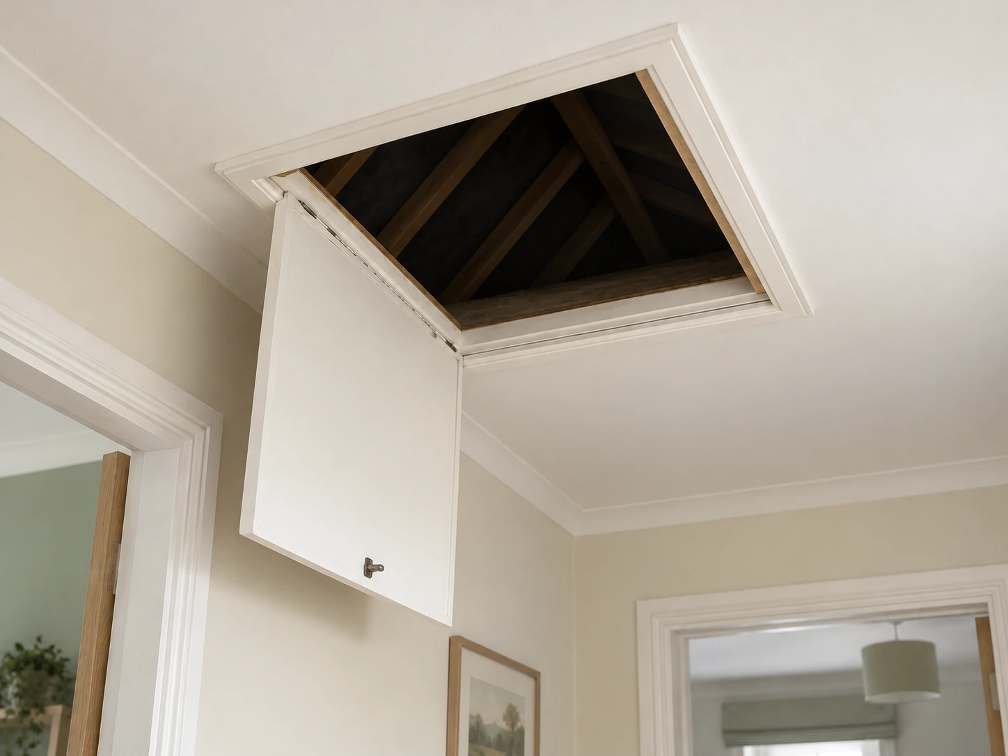 Illustrative view of an open loft hatch from the floor below