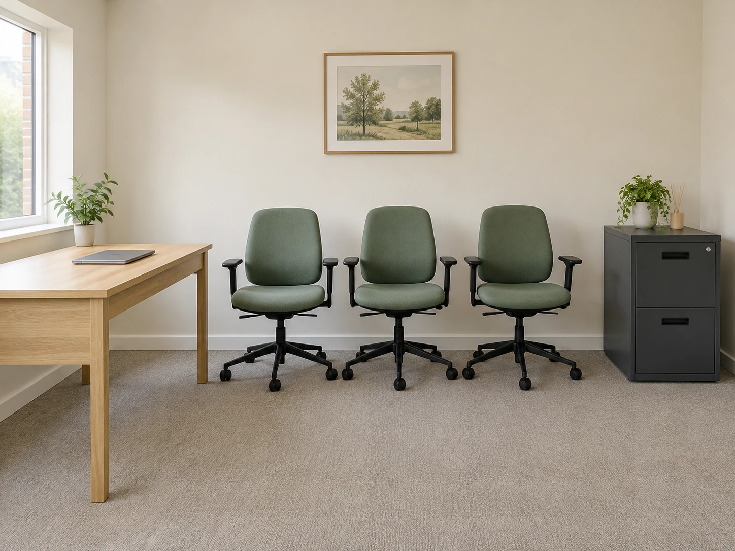 Illustrative office with a desk, chairs and a filing cabinet