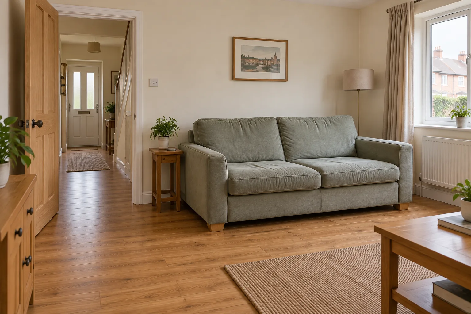 Illustrative example showing a whole sofa and the doorway and hallway beside it