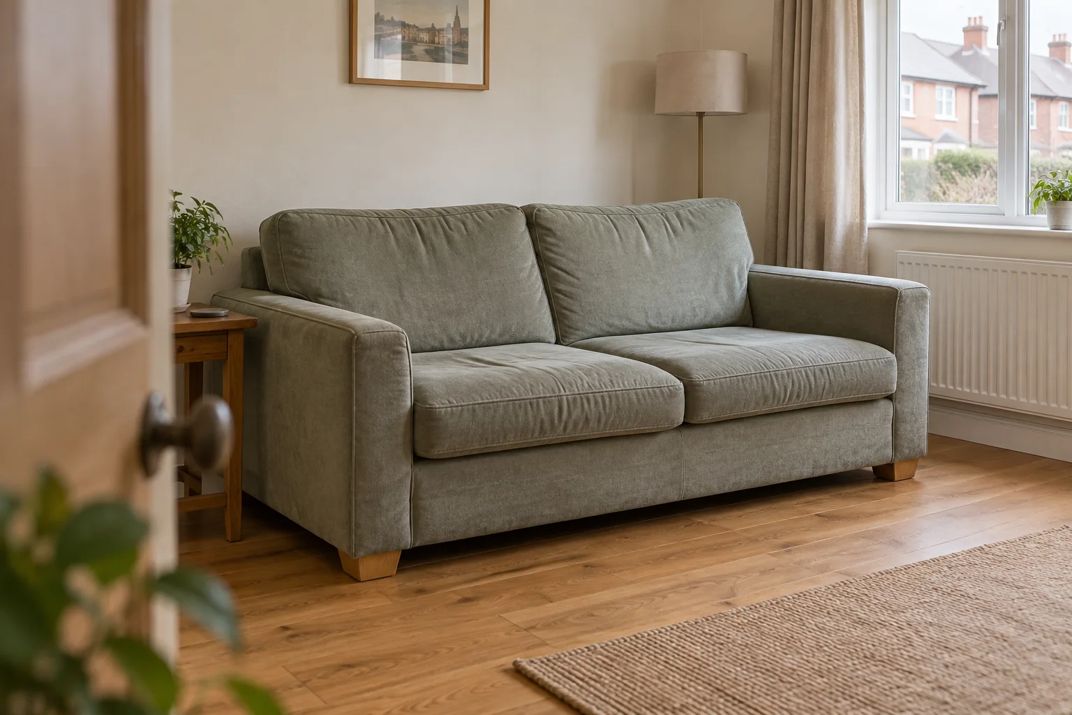 Illustrative scene of a used fabric sofa in a living room, ready for collection