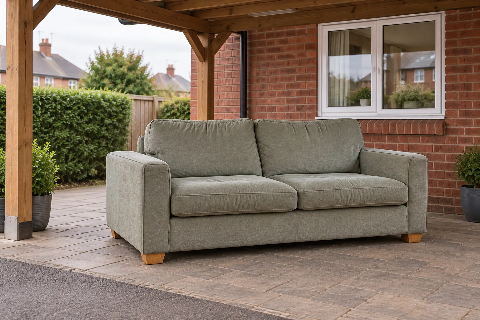 The same sofa sheltered under a carport with level access